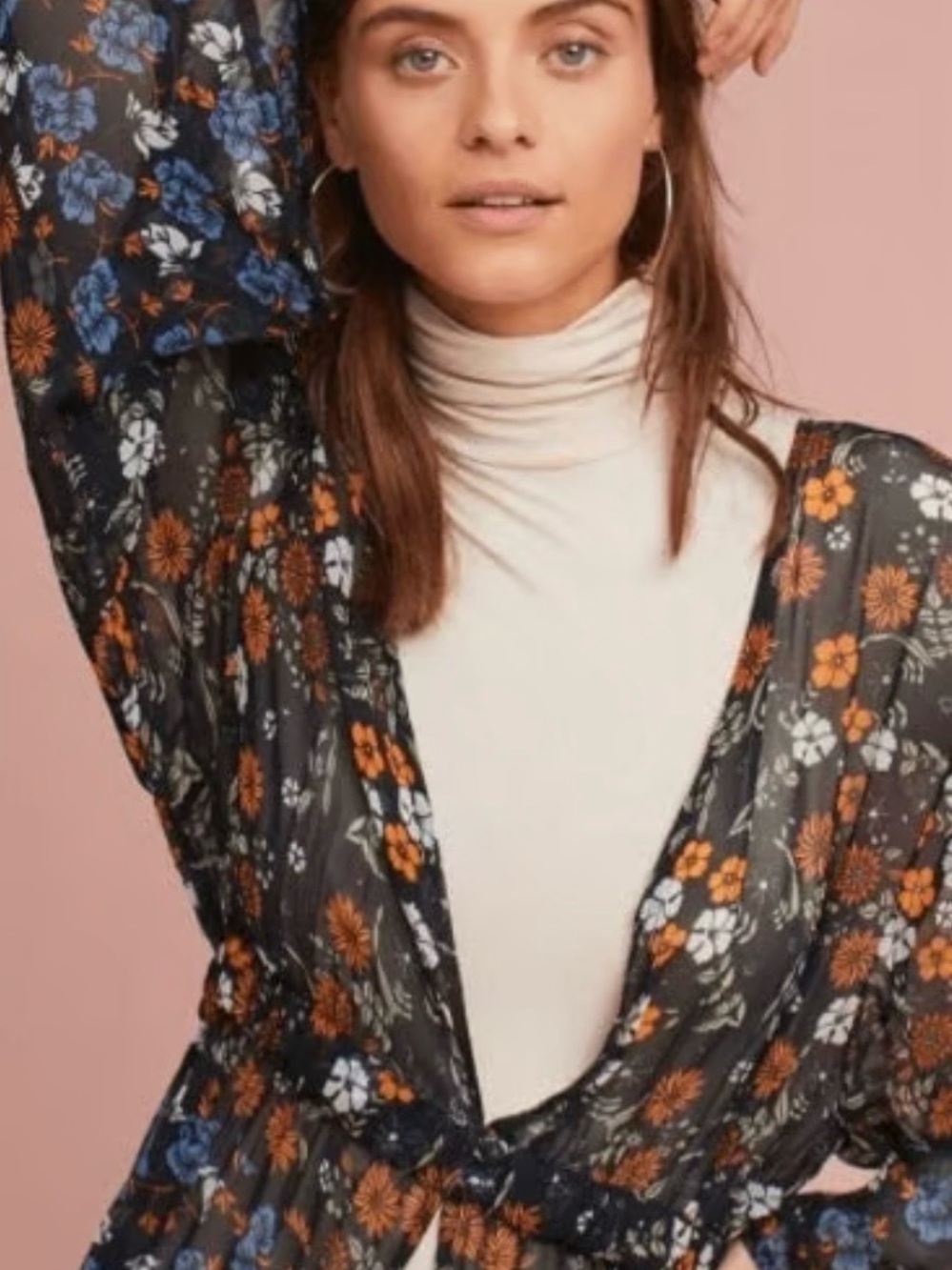 Anthropologie Black Floral Tunic with Orange and Blue Blooms